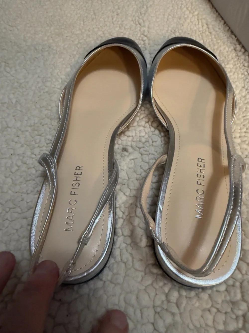 Marc Fisher Dela2 Metallic Silver Slingback Flats Black Cap Toes size 7.5 New